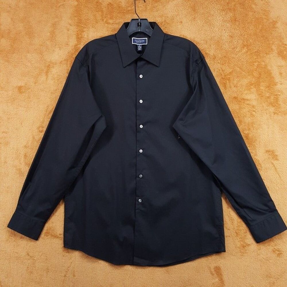 CLUB ROOM Dress Shirt Mens Size 14 14.5 Solid Black Regular Fit Button Up